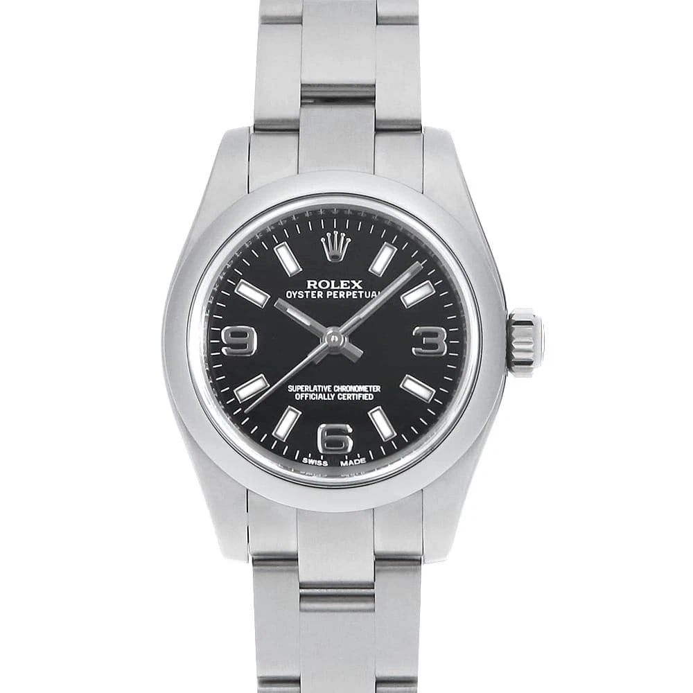 ROLEX OYSTER PERPETUAL BLACK WHITE WATCH: ROLEX Oyster perpetual black white Watch Brand: ROLEX Type: Wrist watch Material: Band Material Stainless Steel, Case Material Stainless Steel Color: Dial Colour Black Size: Case:W26mm Circumference