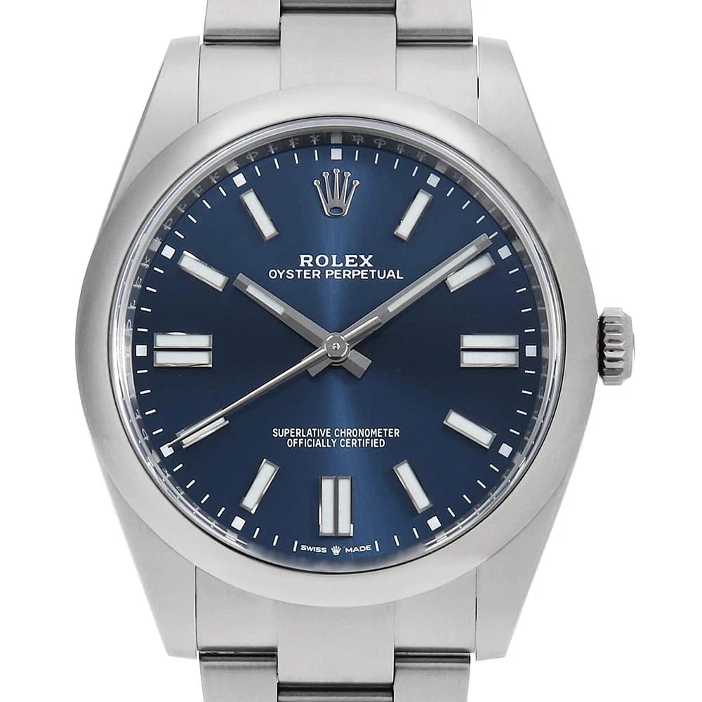 ROLEX OYSTER PERPETUAL BLUE WATCH: ROLEX Oyster Perpetual blue Watch Brand: ROLEX Type: Wrist watch Material: Band Material Stainless Steel, Case Material Stainless Steel Color: Dial Colour Blue Size: Case:W41mm Circumference of