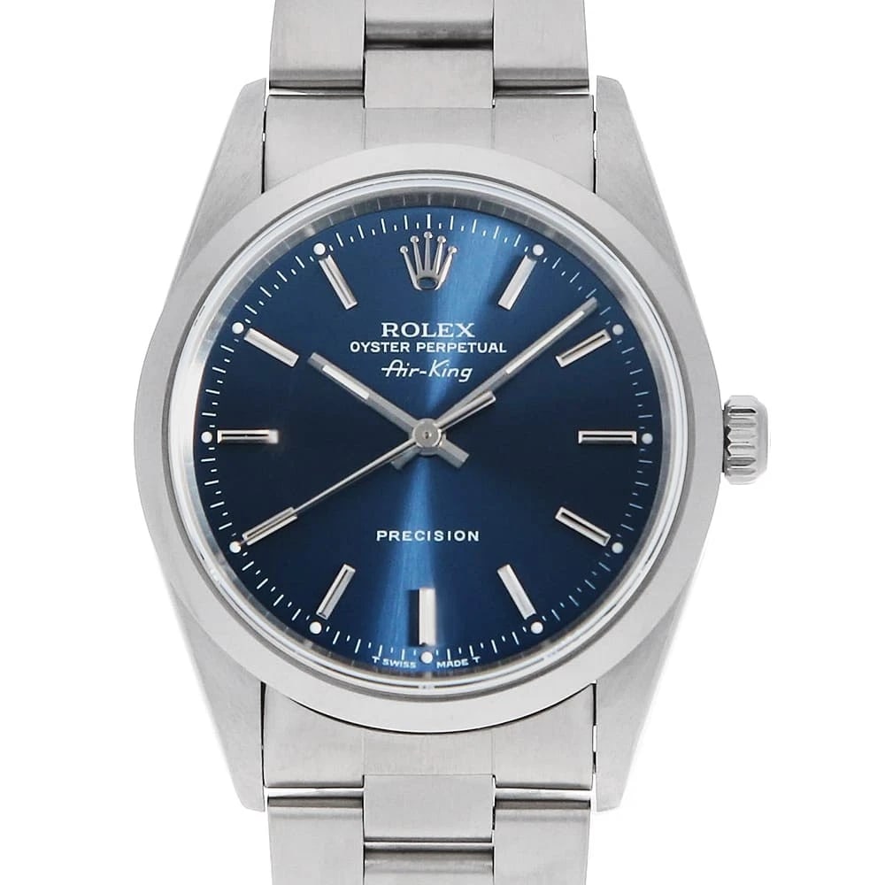 ROLEX AIR KING BLUE WATCH: ROLEX Air king blue Watch Brand: ROLEX Type: Wrist watch Material: Band Material Stainless Steel, Case Material Stainless Steel Color: Dial Colour Blue Size: Case:W34mm Circumference of Wrist:18cm