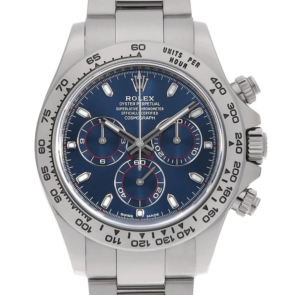 ROLEX COSMOGRAPH DAYTONA BLUE WATCH: ROLEX Cosmograph Daytona blue Watch Brand: ROLEX Type: Wrist watch Material: Band Material White Gold, Case Material White Gold Color: Dial Colour Blue Size: Case:W40mm Circumference of Wrist:19.5cm