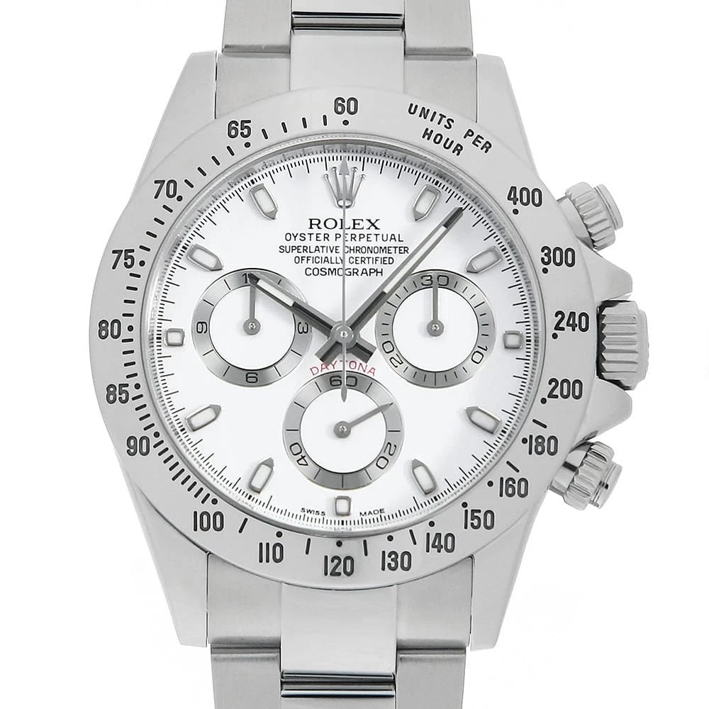 ROLEX COSMOGRAPH DAYTONA WHITE WATCH: ROLEX Cosmograph Daytona white Watch Brand: ROLEX Type: Wrist watch Material: Band Material Stainless Steel, Case Material Stainless Steel Color: Dial Colour White Size: Case:W40mm Circumference of