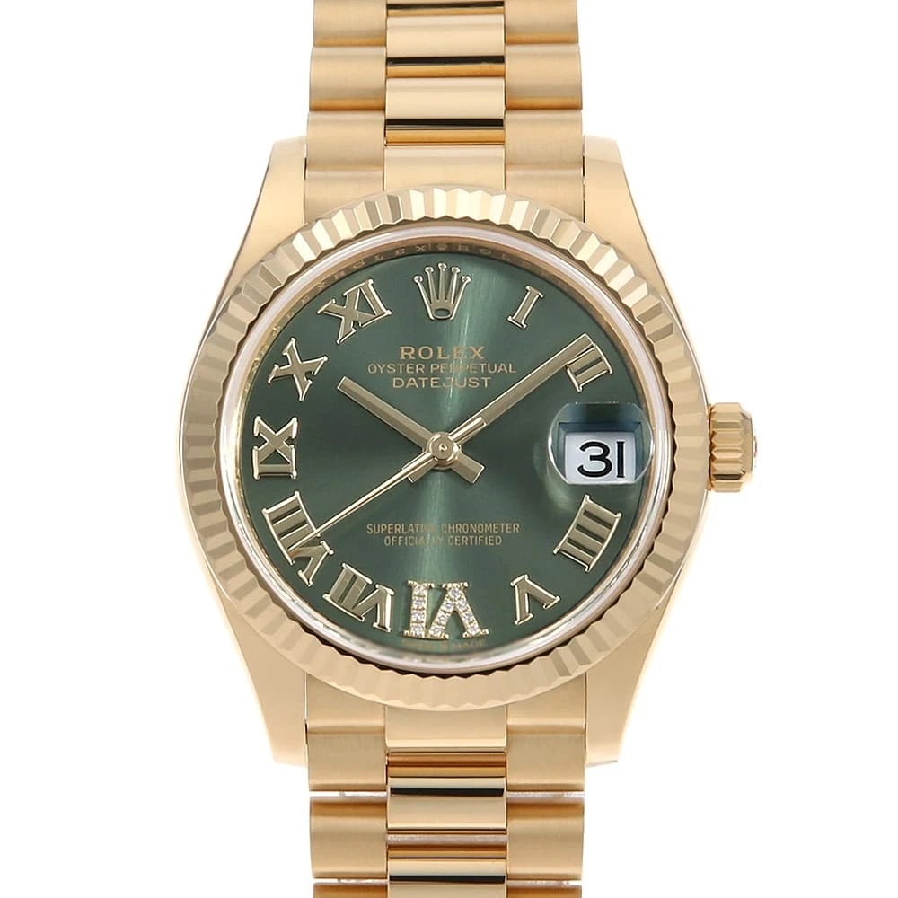 ROLEX DATEJUST DIAMOND OLIVE GREEN WATCH: ROLEX Datejust Diamond Olive green Watch Brand: ROLEX Type: Wrist watch Material: Band Material Yellow Gold, Case Material Yellow Gold Color: Dial Colour Olive Green Size: Case:W31mm Circumference of