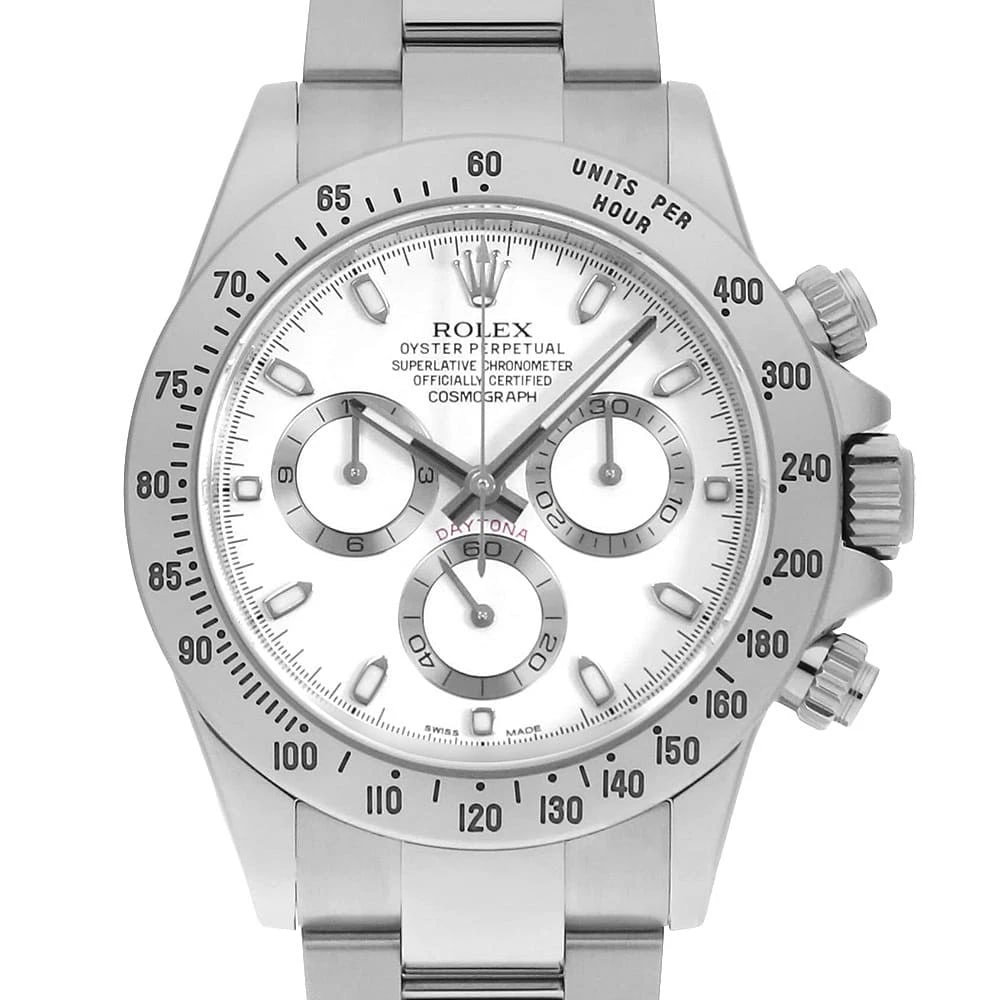 ROLEX COSMOGRAPH DAYTONA WHITE WATCH: ROLEX Cosmograph Daytona white Watch Brand: ROLEX Type: Wrist watch Material: Band Material Stainless Steel, Case Material Stainless Steel Color: Dial Colour White Size: Case:W40mm Circumference of
