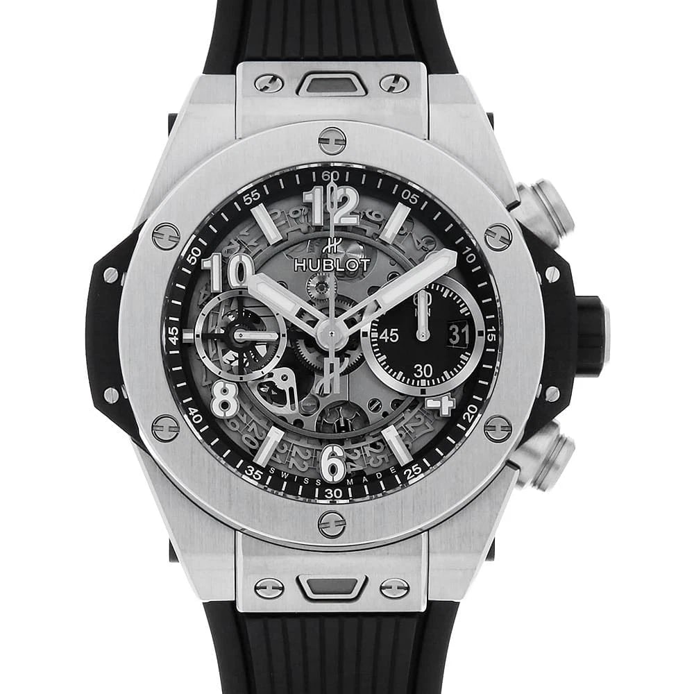 HUBLOT BIG BANG UNICO TITANIUM WATCH: HUBLOT Big Bang Unico Titanium Watch Brand: HUBLOT Type: Wrist watch Material: Band Material rubber, Case Material titanium Color: Dial Colour Skeleton Size: Case:W42mm x H42mm Accessories: None