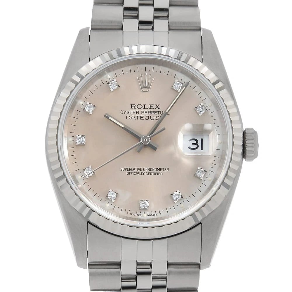 ROLEX DATEJUST DIAMOND SILVER WATCH: ROLEX Datejust Diamond Silver Watch Brand: ROLEX Type: Wrist watch Material: Band Material Stainless Steel, Case Material Stainless Steel/White gold Color: Dial Colour Silver Size: Case:W36mm