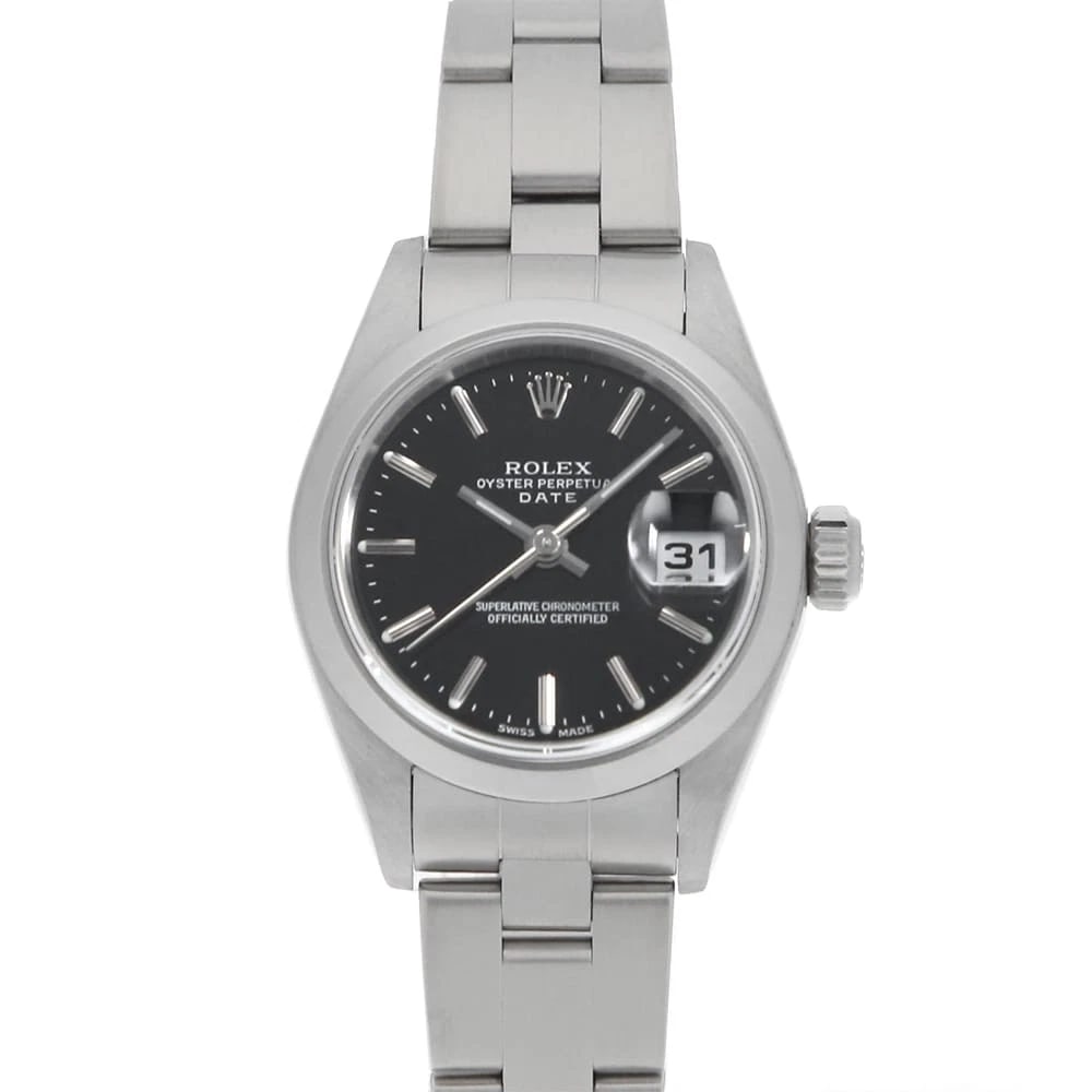 ROLEX OYSTER PERPETUAL DATE BLACK WATCH: ROLEX Oyster Perpetual Date black Watch Brand: ROLEX Type: Wrist watch Material: Band Material Stainless Steel, Case Material Stainless Steel Color: Dial Colour Black Size: Case:W25mm Circumference
