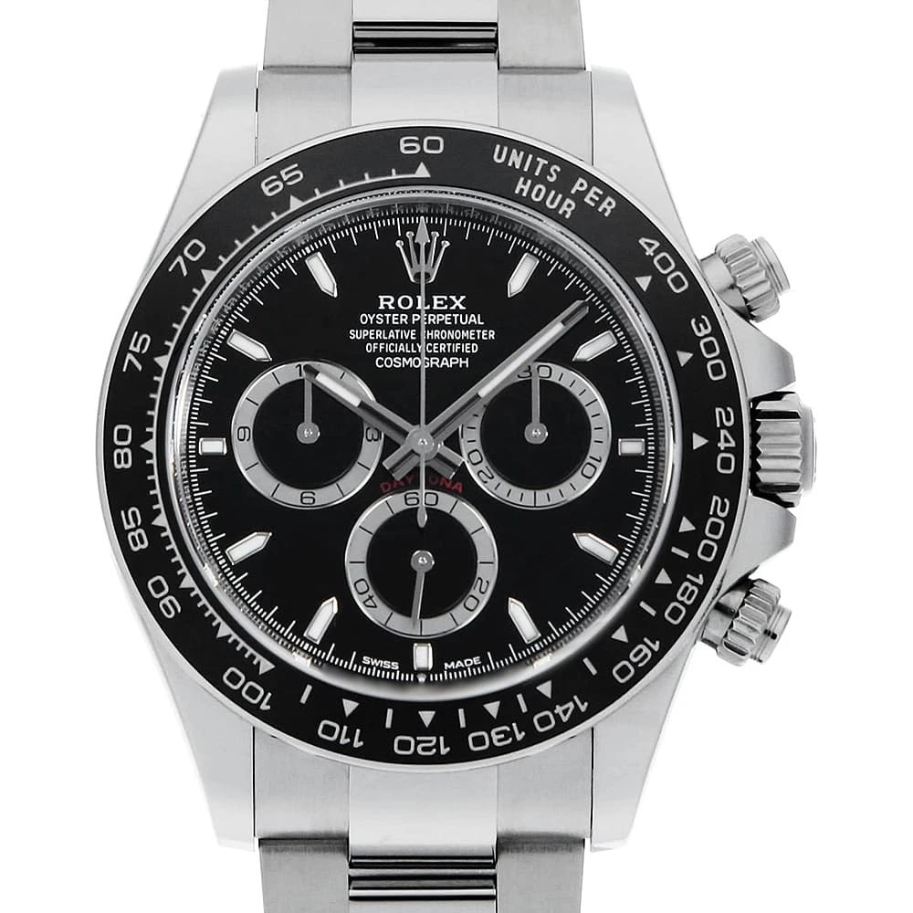 ROLEX COSMOGRAPH DAYTONA BLACK WATCH: ROLEX Cosmograph Daytona black Watch Brand: ROLEX Type: Wrist watch Material: Band Material Stainless Steel, Case Material Stainless Steel Color: Dial Colour Black Size: Case:W40mm Circumference of