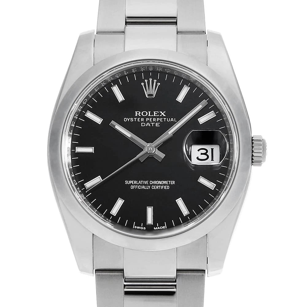 ROLEX OYSTER PERPETUAL DATE BLACK WATCH: ROLEX Oyster Perpetual Date black Watch Brand: ROLEX Type: Wrist watch Material: Band Material Stainless Steel, Case Material Stainless Steel Color: Dial Colour Black Size: Case:W34mm Circumference