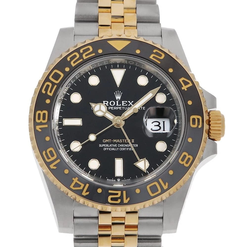 ROLEX GMT MASTER BLACK WATCH: ROLEX GMT Master black Watch Brand: ROLEX Type: Wrist watch Material: Band Material Stainless Steel/Yellow Gold, Case Material Stainless Steel/Yellow Gold Color: Dial Colour Black Size: Case:W40mm