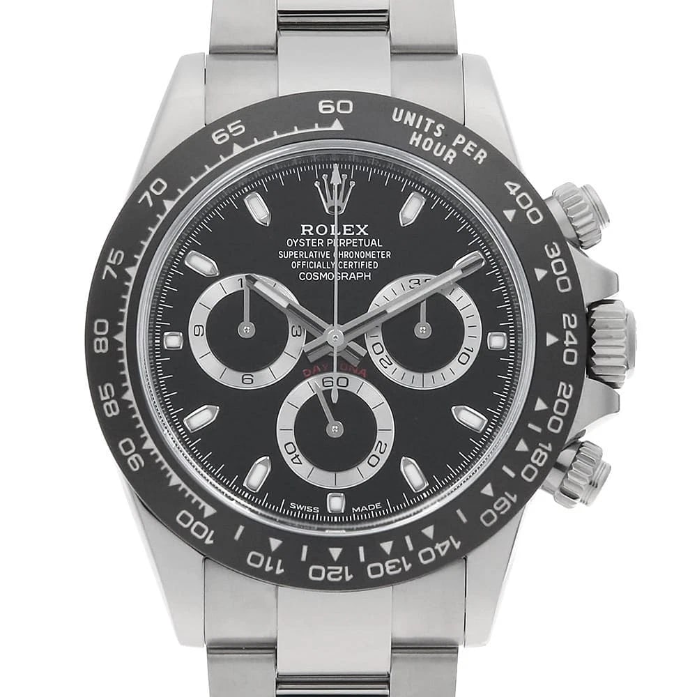ROLEX COSMOGRAPH DAYTONA BLACK WATCH: ROLEX Cosmograph Daytona black Watch Brand: ROLEX Type: Wrist watch Material: Band Material Stainless Steel, Case Material Stainless Steel Color: Dial Colour Black Size: Case:W40mm Circumference of