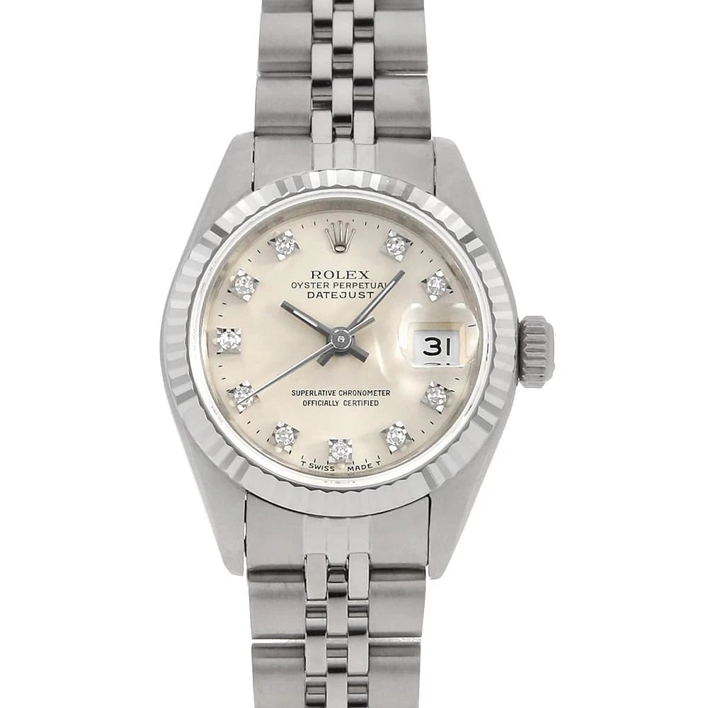 ROLEX DATEJUST DIAMOND SILVER WATCH: ROLEX Datejust Diamond Silver Watch Brand: ROLEX Type: Wrist watch Material: Band Material Stainless Steel, Case Material Stainless Steel/White gold Color: Dial Colour Silver Size: Case:W26mm