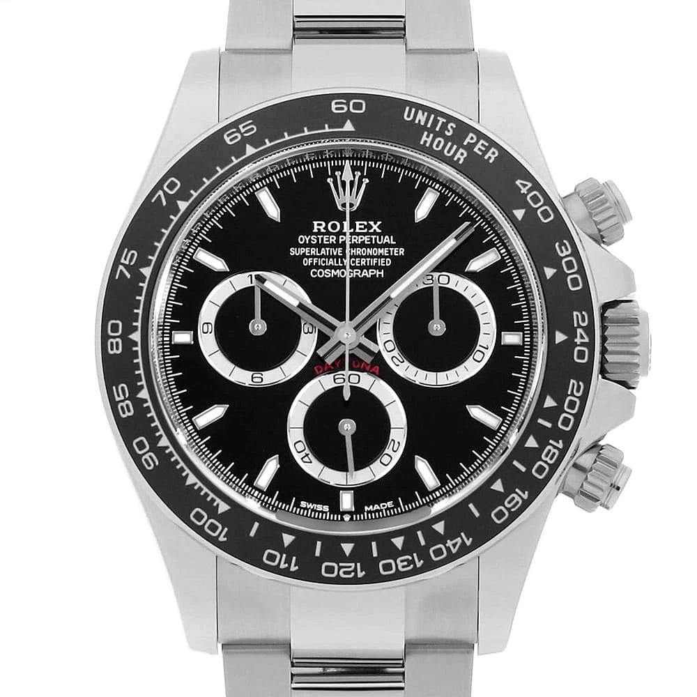 ROLEX COSMOGRAPH DAYTONA BLACK WATCH: ROLEX Cosmograph Daytona black Watch Brand: ROLEX Type: Wrist watch Material: Band Material Stainless Steel, Case Material Stainless Steel Color: Dial Colour Black Size: Case:W40mm Circumference of