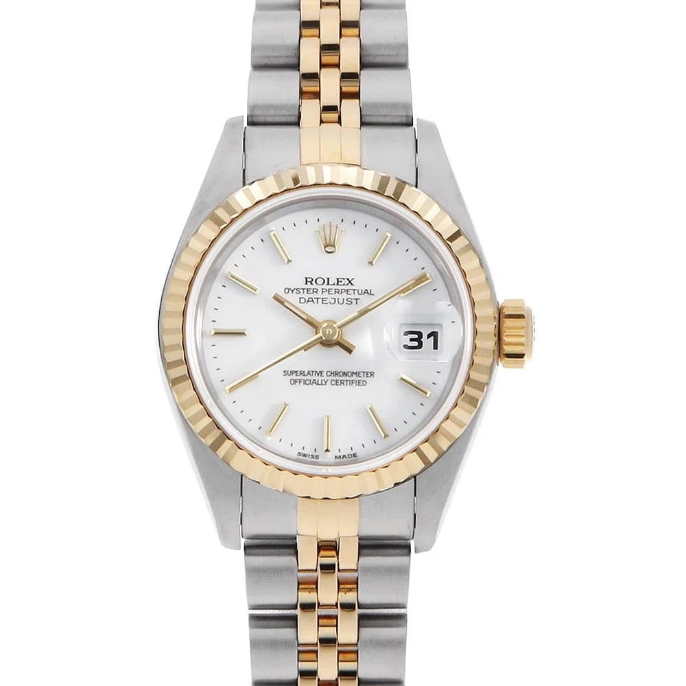 ROLEX DATEJUST WHITE WATCH: ROLEX Datejust white Watch Brand: ROLEX Type: Wrist watch Material: Band Material Stainless Steel/Yellow Gold, Case Material Stainless Steel/Yellow Gold Color: Dial Colour White Size: Case:W26mm Circu