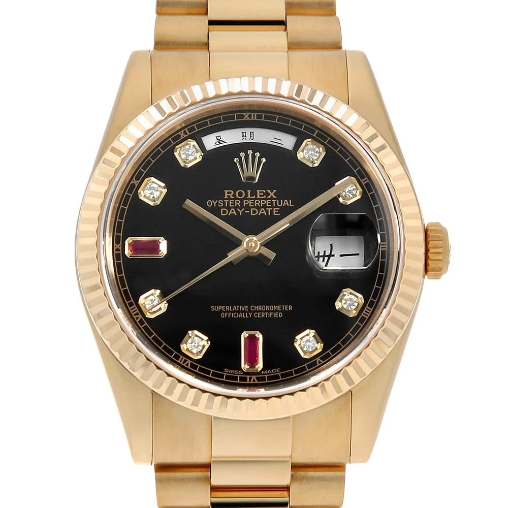 ROLEX DAY-DATE DIAMOND RUBY BLACK WATCH: ROLEX Day-Date Diamond Ruby black Watch Brand: ROLEX Type: Wrist watch Material: Band Material Yellow Gold, Case Material Yellow Gold Color: Dial Colour Black Size: Case:W36mm Circumference of Wrist:1