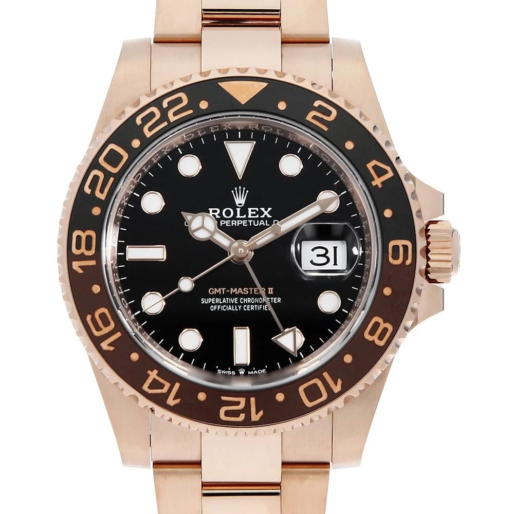 ROLEX GMT MASTER BLACK WATCH: ROLEX GMT Master black Watch Brand: ROLEX Type: Wrist watch Material: Band Material Everose Gold, Case Material Everose Gold Color: Dial Colour Black Size: Case:W40mm Circumference of Wrist:19.5cm