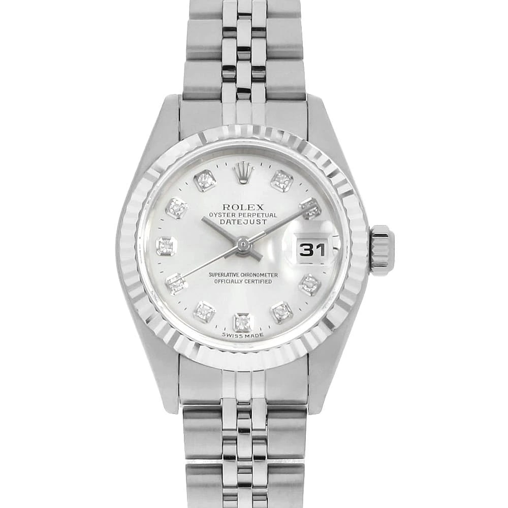 ROLEX DATEJUST DIAMOND SILVER WATCH: ROLEX Datejust Diamond Silver Watch Brand: ROLEX Type: Wrist watch Material: Band Material Stainless Steel, Case Material Stainless Steel/White gold Color: Dial Colour Silver Size: Case:W26mm Circumfe