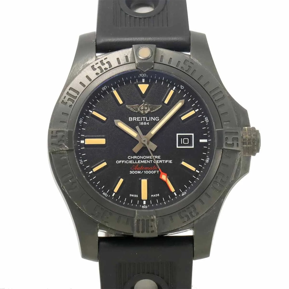 BREITLING AVENGER BLACK BIRD AUTOMATIC DATE BLACK DIAL WATCH: BREITLING Avenger Black Bird Automatic Date Black Dial Watch Brand: BREITLING Type: Wristwatch Material: Case:Titanium/DLCBracelet:Rubber Color: Dial color Black Size: CaseSize Length 59mm(included la