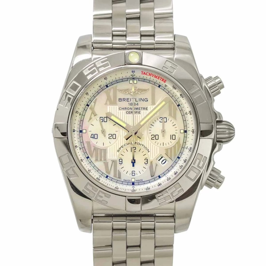 BREITLING CHRONOMAT CHRONOGRAPH DATE WHITE DIAL WATCH: BREITLING Chronomat Chronograph Date White Dial Watch Brand: BREITLING Type: Wristwatch Material: Case:Stainless steel Bracelet:Stainless steel Color: Dial color white Size: CaseSize Length 54mm(inclu