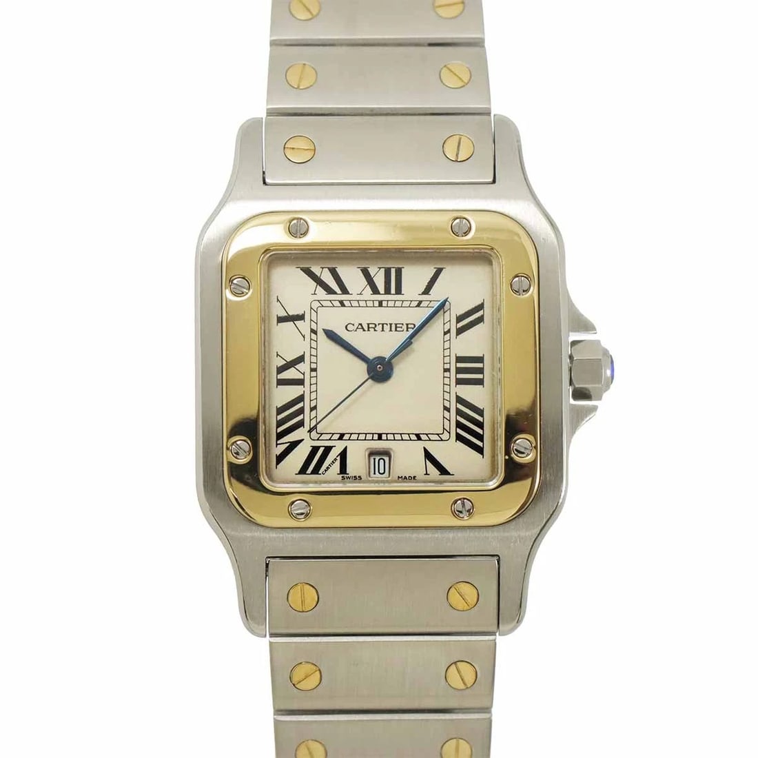 CARTIER SANTOS GALBEE LM QUARTZ YG CREAM DIAL WATCH: Cartier Santos Galbee LM Quartz YG Cream Dial Watch Brand: Cartier Type: Wristwatch Material: Case:Stainless steel,Yellow Gold Bracelet:Stainless steel,Yellow Gold Color: Dial color Cream Size: CaseSi