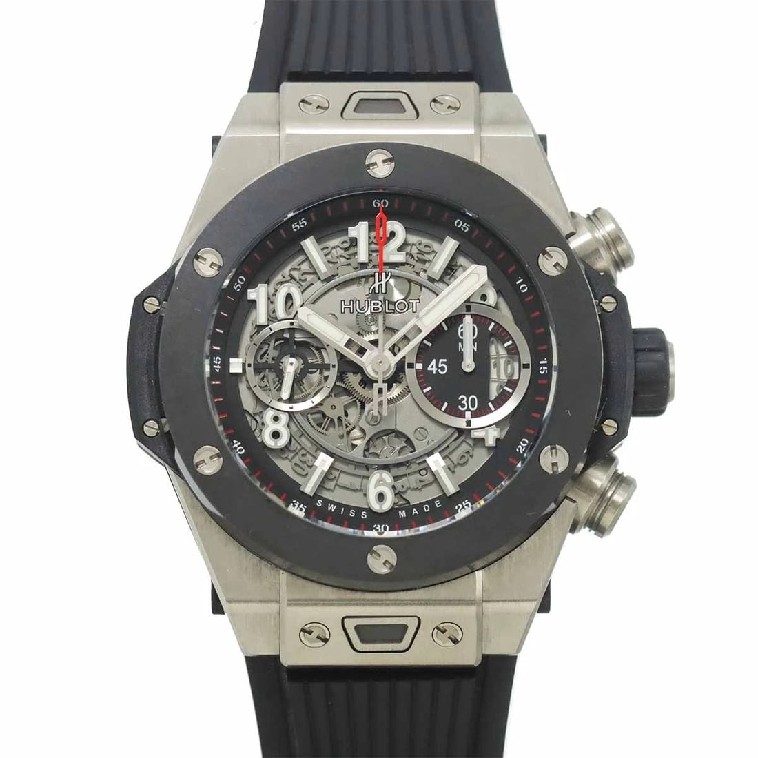 HUBLOT BIG BANG AUTOMATIC SKELETON WATCH: HUBLOT Big Bang Automatic Skeleton Watch Brand: HUBLOT Type: Wristwatch Material: Case:Ceramic,TitaniumBracelet:Rubber,Titanium Color: Dial color Black Size: CaseSize Length 55mm(included lag) CaseSiz