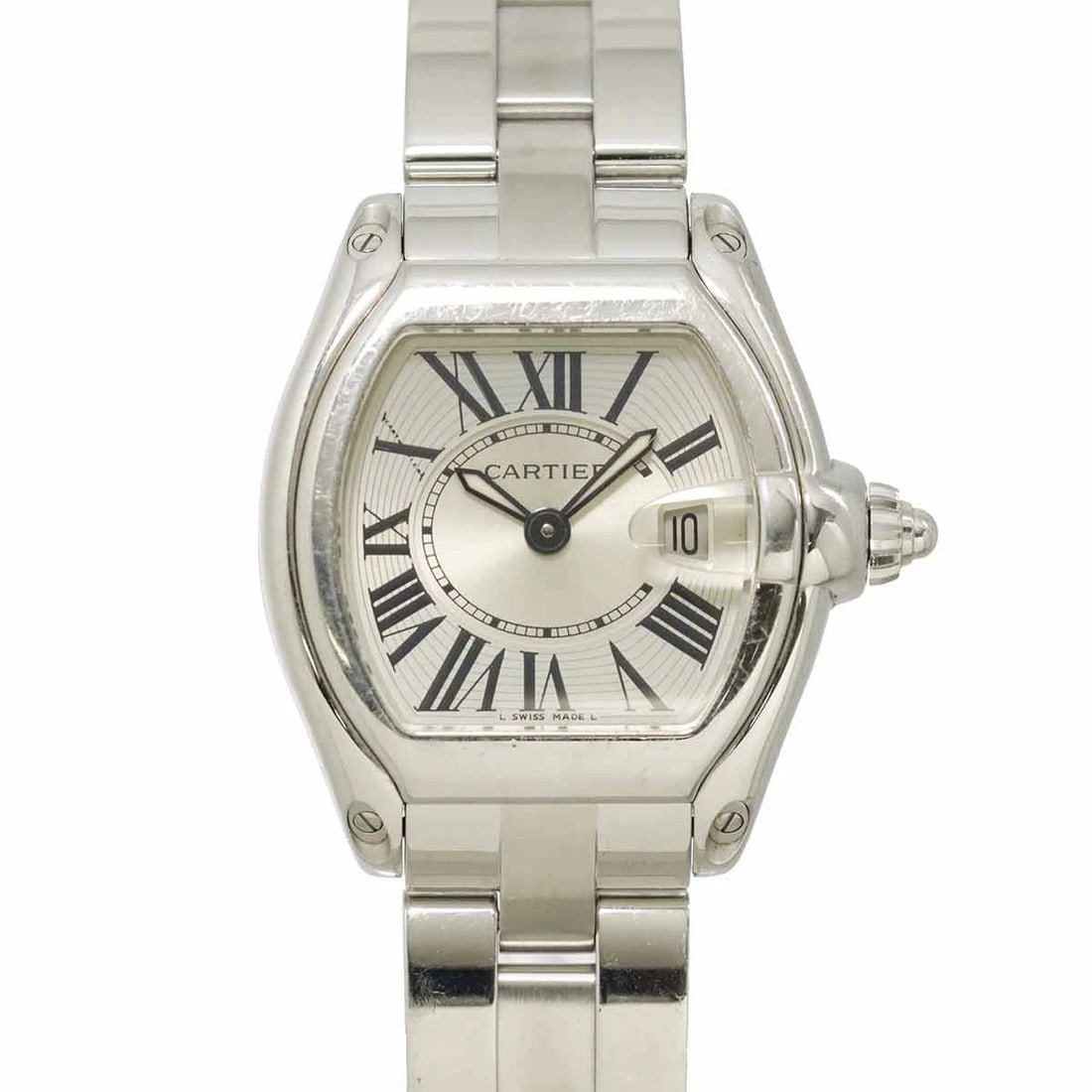 CARTIER ROADSTER SM DATE QUARTZ SILVER DIAL LADIES WATCH: Cartier Roadster SM Date Quartz Silver Dial Ladies Watch Brand: Cartier Type: Wristwatch Material: Case:Stainless steel Bracelet:Stainless steel Color: Dial color Silver Size: CaseSize Length 37mm(inc