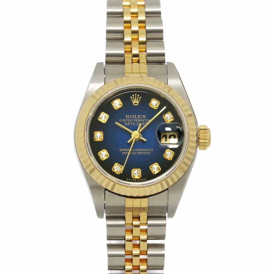 ROLEX DATEJUST 750YG 10P DIAMOND BLUE DIAL WATCH: ROLEX Datejust 750YG 10P Diamond Blue Dial Watch Brand: ROLEX Type: Wristwatch Material: Case:Stainless steel,750 Yellow Gold Bracelet:Stainless steel,750 Yellow Gold Color: Dial color Blue Size: Case