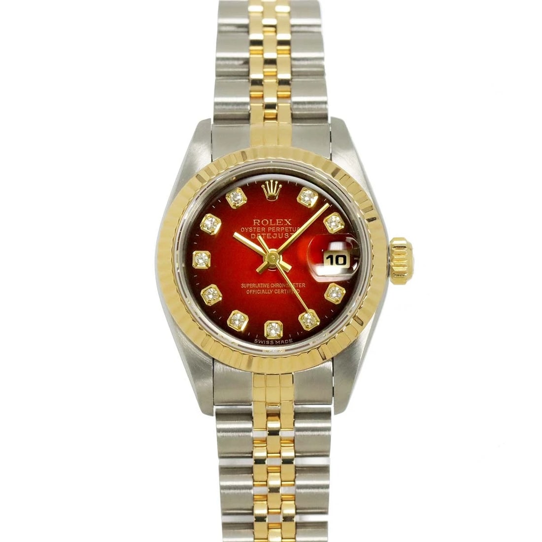 ROLEX DATEJUST AUTOMATIC RED DIAL 10P DIAMOND WATCH: ROLEX Datejust Automatic Red Dial 10P Diamond Watch Brand: ROLEX Type: Wristwatch Material: Case:750 Yellow Gold,Stainless steel Bracelet:750 Yellow Gold,Stainless steel Color: Dial color Red Size: Ca