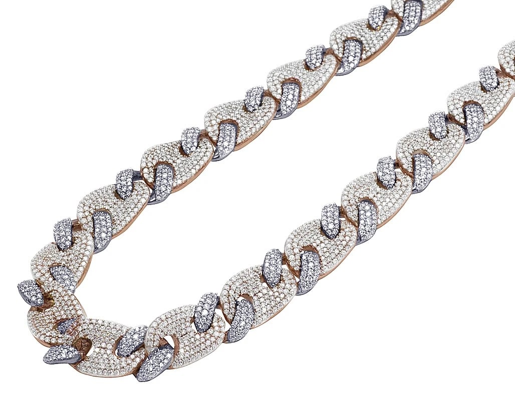 MENS ROSE/ WHITEGOLD HONEYCOMB DIAMOND NECKLACE: Mens Rose/ WhiteGold Honeycomb Diamond Necklace Brand: None Type: Necklace Material: 10k Rose/ WhiteGold, Main Stone/Creation Natural Color: Rose/ White Size: Length 18" Width 12MM Accessories: No