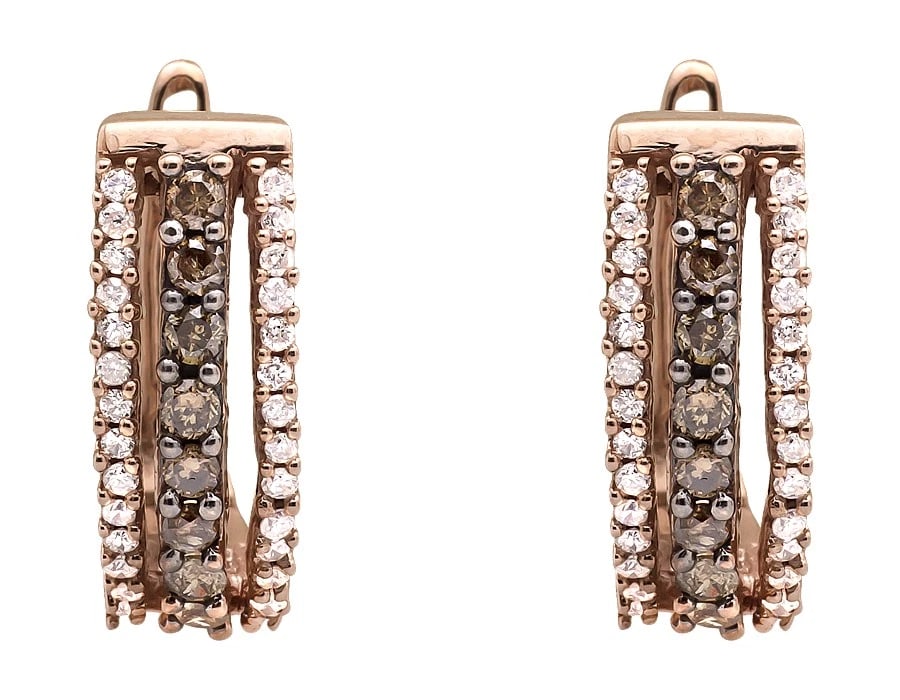 10K ROSE GOLD THREE ROW BROWN AND WHITE DIAMOND HOOP EARRINGS: 10K Rose Gold Three Row Brown And White diamond Hoop Earrings Brand: None Type: Earrings Material: 10K Rose Gold, Main Stone/Creation Natural Color: Rose Gold Size: Dimension 14.5mm x 6 mm approx 0.6 