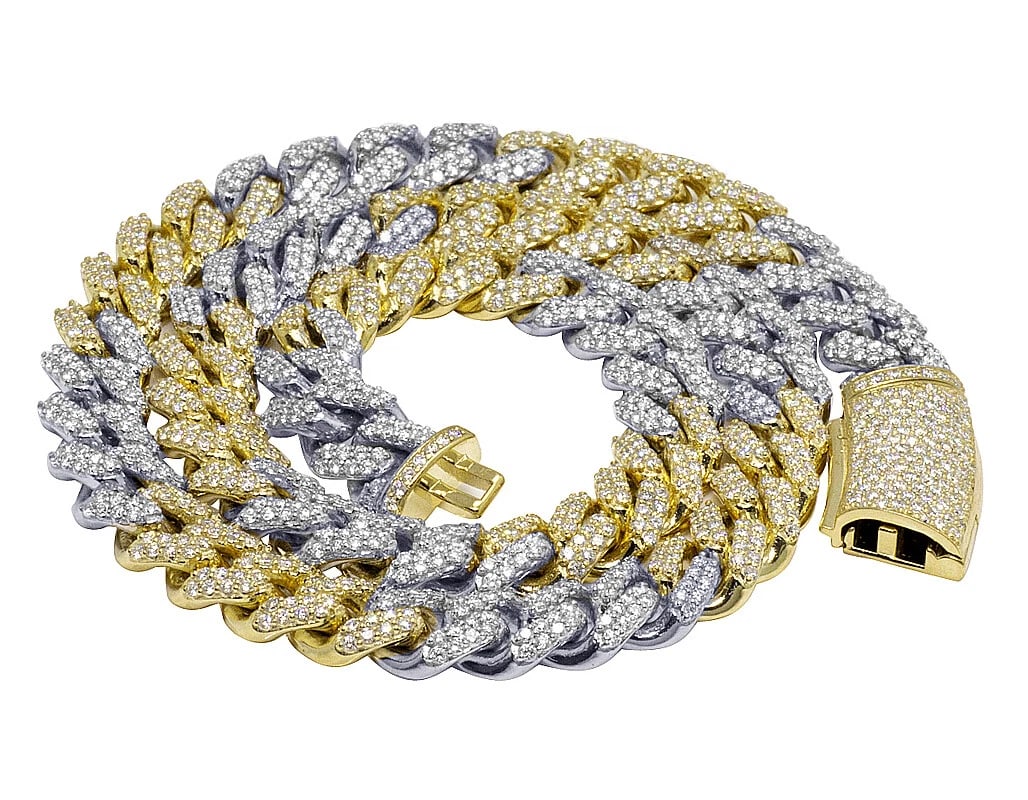 DIAMOND PRONG MIAMI CUBAN NECKLACE CHAIN: Diamond Prong Miami Cuban Necklace Chain Brand: None Type: Necklace Material: 10kMulti-Tone Gold, Main Stone/Creation Natural Color: Multi-Tone Size: Length 16" Width 12mm Accessories: None