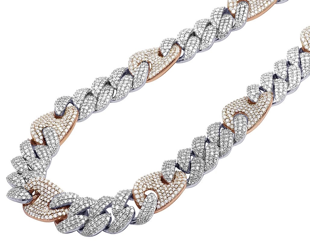 ROSE/WHITE GOLD HONEYCOMB DIAMOND LINK CHAIN: Rose/White Gold Honeycomb Diamond Link Chain Brand: None Type: Necklace Material: Rose/White Gold, Main Stone/Creation Natural Color: Rose/White Gold Size: Length 24" Width 16MM Accessories: None