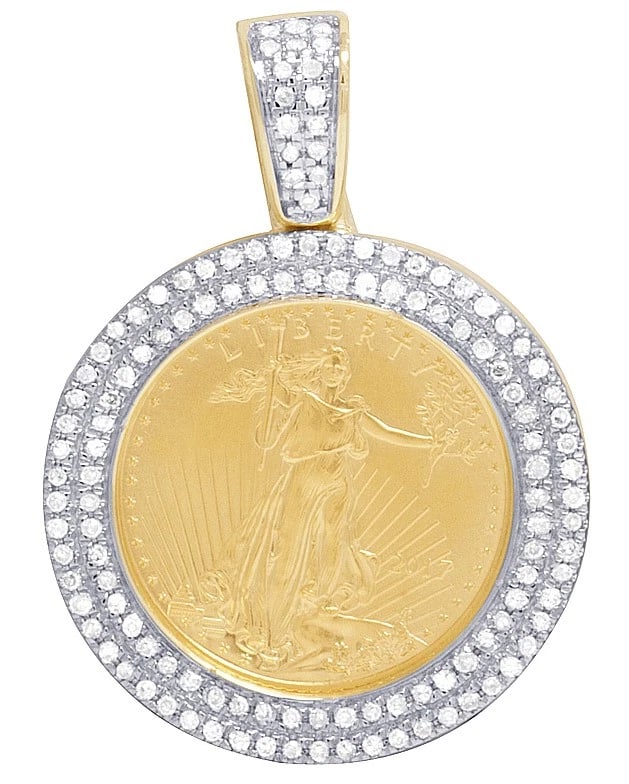 MENS 10K YELLOW GOLD 24K COIN DIAMOND CHARM PENDANT: Mens 10K Yellow Gold 24K Coin Diamond Charm Pendant Brand: None Type: Pendant Material: 10k,24k Yellow Gold, Main Stone/Creation Natural Color: Yellow Gold Size: Dimension 1.1 Accessories: None