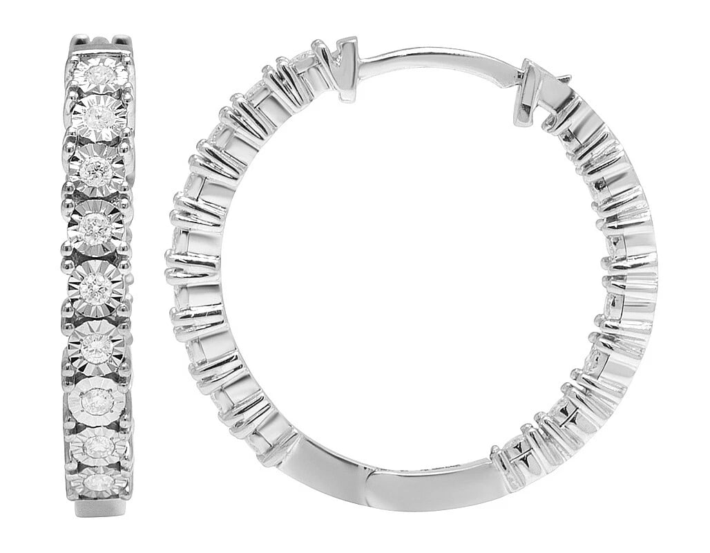 10K ILLUSION SET INSIDE-OUT DIAMOND HOOP EARRINGS: 10K Illusion Set Inside-Out Diamond Hoop Earrings Brand: None Type: Earring Material: 10K White Gold, Main Stone/Creation Natural Color: White Gold Size: Dimension 3MM 0.75" Accessories: None