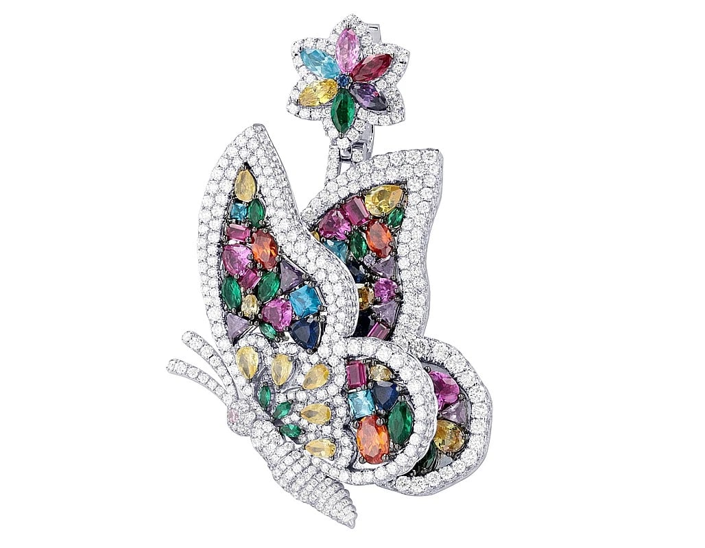 PRISMATIC RAINBOW DIAMONDS 3D BUTTERFLY PENDANT: Prismatic Rainbow Diamonds 3D Butterfly Pendant Brand: None Type: Pendant Material: 10K White Gold, Main Stone/Creation Natural Color: Multi-Colored, White Gold Size: Dimension L 2.5",W 1.5" Acces