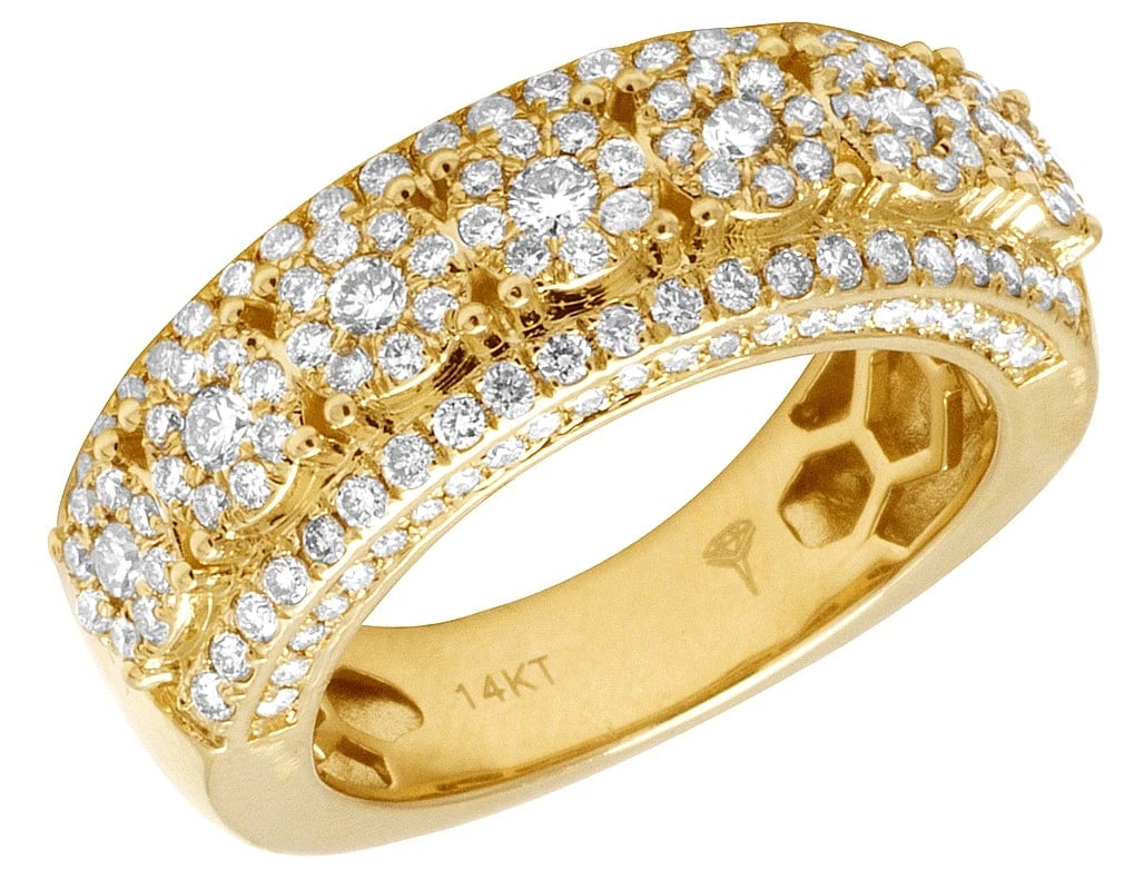 14K YELLOW GOLD DIAMOND HALO CLUSTER 3D BAND RING: 14K Yellow Gold Diamond Halo Cluster 3D Band Ring Brand: None Type: Ring Material: 14K Yellow Gold, Main Stone/Creation Natural Color: Yellow Gold Size: 10 US Accessories: None Accessories