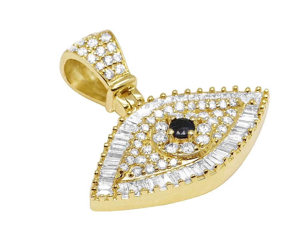 14K YELLOW GOLD BAGUETTE DIAMONDS EVIL EYE PENDANT: 14K Yellow GOLD Baguette Diamonds Evil Eye Pendant Brand: None Type: Pendant Material: 14K Yellow GOLD, Main Stone/Creation Natural Color: Yellow Gold Size: Dimension 25MM 1" Accessories: None