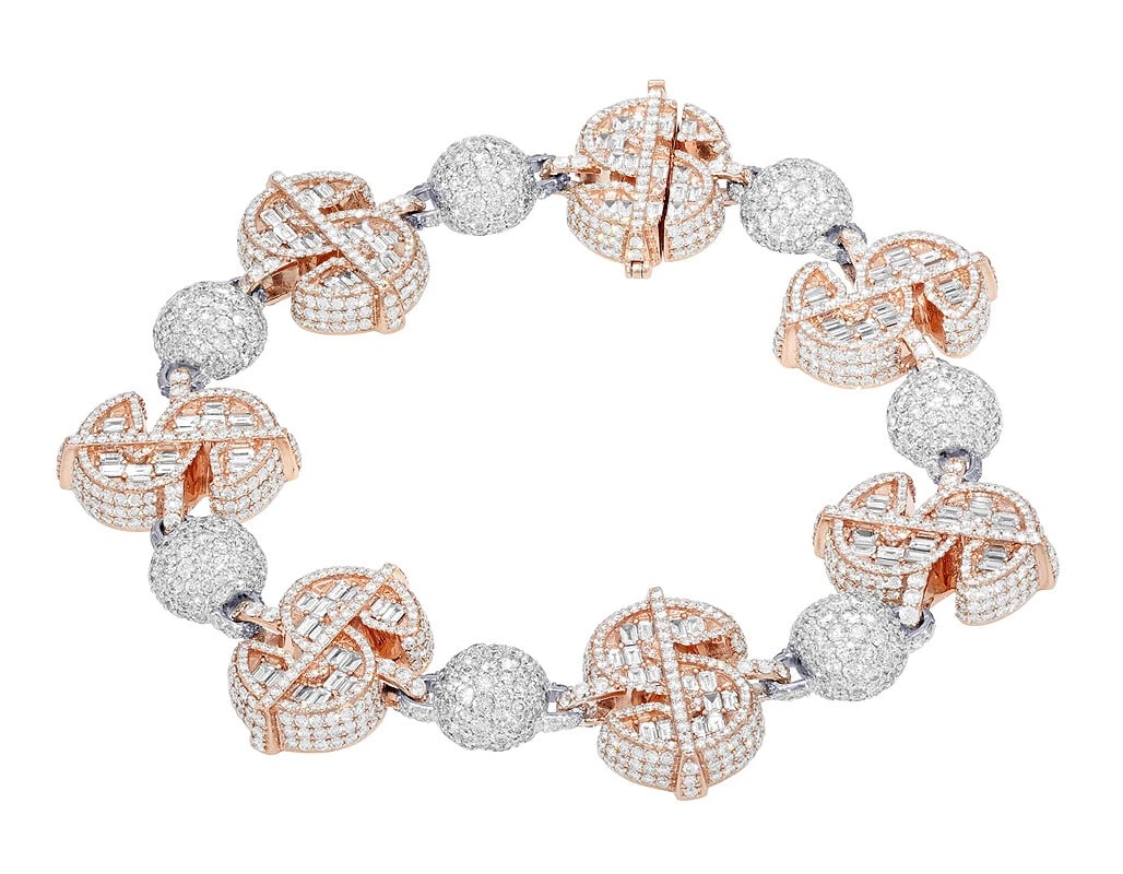 DOLLAR SIGN BAGUETTE DIAMOND BRACELET: Dollar Sign Baguette Diamond Bracelet Brand: None Type: Bracelet Material: 10k Rose/White Gold, Main Stone/Creation Natural Color: Rose/White Gold Size: Dimension 8.5" x 21mm Accessories: None