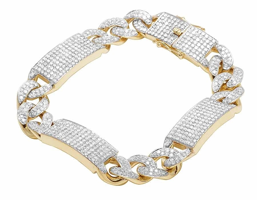 10K YELLOW GOLD GENUINE DIAMOND CUBAN ID BAR BRACELET: 10K Yellow Gold Genuine Diamond Cuban ID Bar Bracelet Brand: None Type: Bracelet Material: 10K Yellow Gold, Main Stone/Creation Natural Color: Yellow Gold Size: Dimension 8.5", 12mm Accessories: N