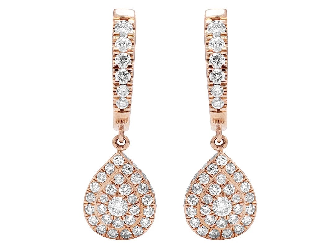 14K ROSE GOLD DIAMOND DANGLE PEAR SHAPE DANGLE EARRINGS: 14K Rose Gold Diamond Dangle Pear Shape Dangle Earrings Brand: None Type: Earrings Material: 14K Rose Gold, Main Stone/Creation Natural Color: Rose Gold Size: Dimension 10mm Pear Width, 1 Inch Acc