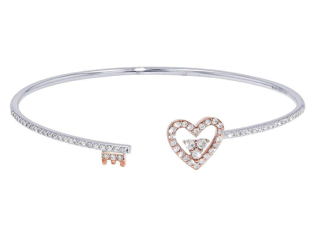 HEART AND LOCK-KEY DIAMOND FLEX BANGLE BRACELET 10K WHITE-ROSE GOLD: Heart and Lock-Key Diamond Flex Bangle Bracelet 10K White-Rose Gold Brand: None Type: Bracelet Material: 10K White-Rose Gold, Main Stone/Creation Natural Color: White-Rose Gold Size: Dimension W 11mm 