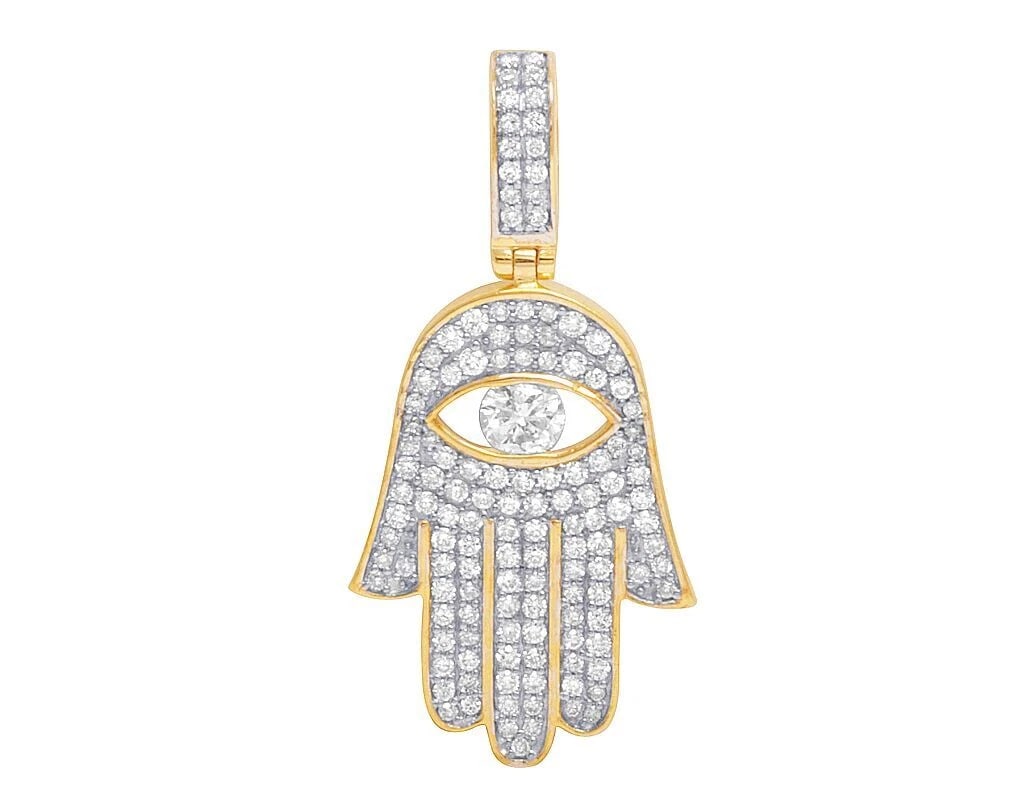 10K YELLOW GOLD DIAMOND HAMSA HAND SOLITAIRE EVIL EYE PENDANT: 10K Yellow Gold Diamond Hamsa Hand Solitaire Evil Eye Pendant Brand: None Type: Pendant Material: 10K Yellow Gold, Main Stone/Creation Natural Color: Yellow Gold Size: Dimension 1.2" Accessories: