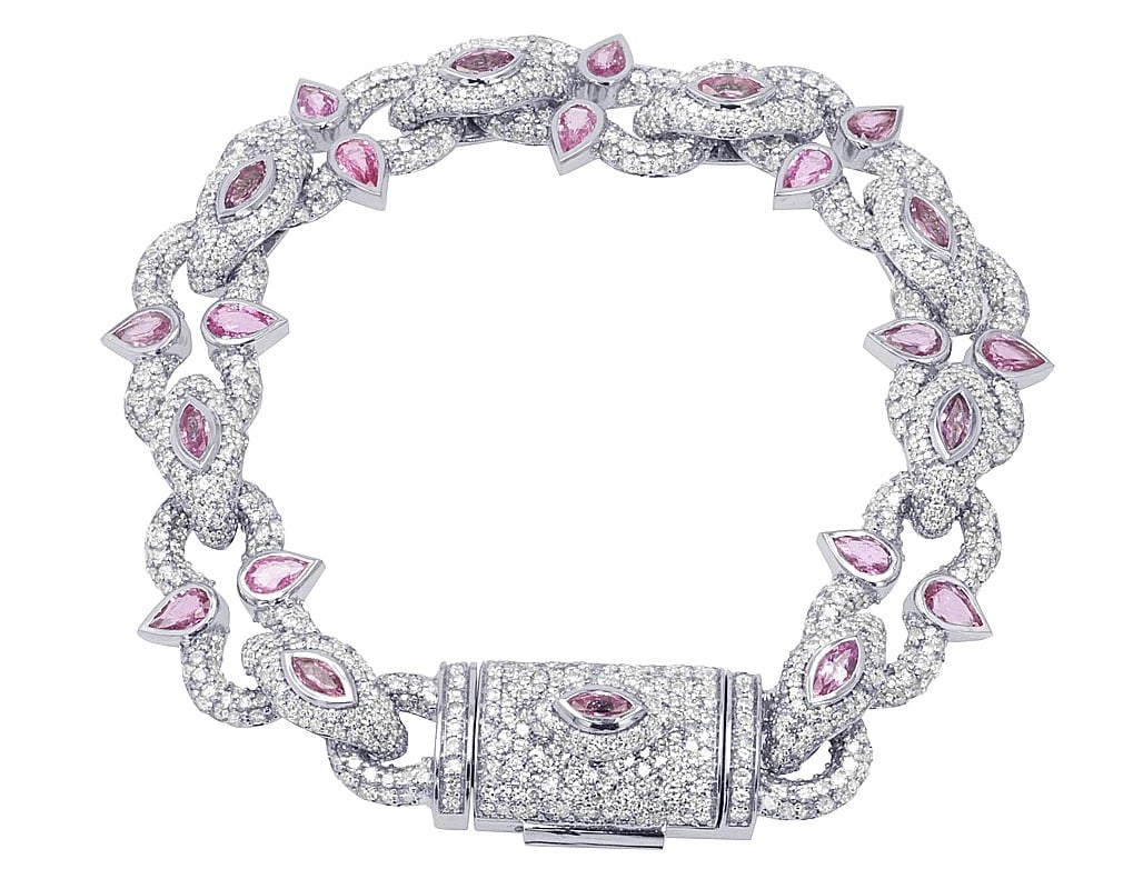 PINK PEAR SAPPHIRE ACCENTS DIAMOND CHAIN LINK BRACELET: Pink Pear Sapphire Accents Diamond Chain Link Bracelet Brand: None Type: Bracelet Material: 10K White Gold, Main Stone/Creation Natural Color: White Gold Size: Dimension 13.7MM,8" Accessories: Non
