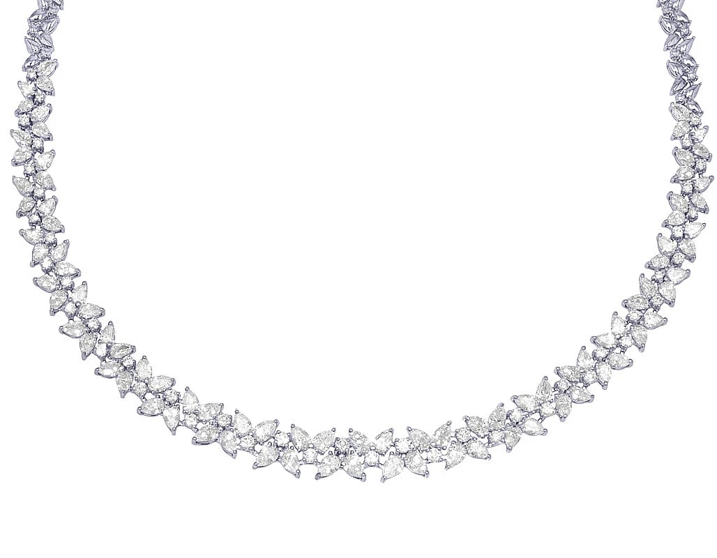 PEAR DIAMOND GRADUATING CHOKER NECKLACE 14K WHITE GOLD: Pear Diamond Graduating Choker Necklace 14K White Gold Brand: None Type: Necklace Material: 14K White Gold, Main Stone/Creation Natural Color: White Gold Size: Length 18 in width 10 mm Accessories