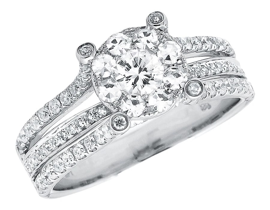 14K WHITE GOLD BRIDAL CLUSTER SPLIT SHANK DIAMOND RING: 14k White Gold Bridal Cluster Split Shank Diamond Ring Brand: None Type: Ring Material: 14k White Gold, Main Stone/Creation Natural Color: White Gold Size: 7 US Accessories: None Accessori