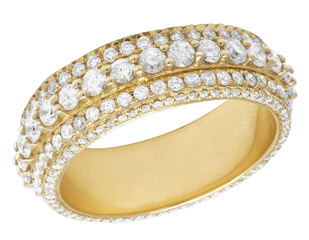 MENS 14K YELLOW GOLD 3 ROW DIAMOND 3D ETERNITY RING BAND: Mens 14K Yellow Gold 3 Row Diamond 3D Eternity Ring Band Brand: None Type: Ring Material: 14K Yellow Gold, Main Stone/Creation Natural Color: Yellow Gold Size: 10 US Accessories: None Acce