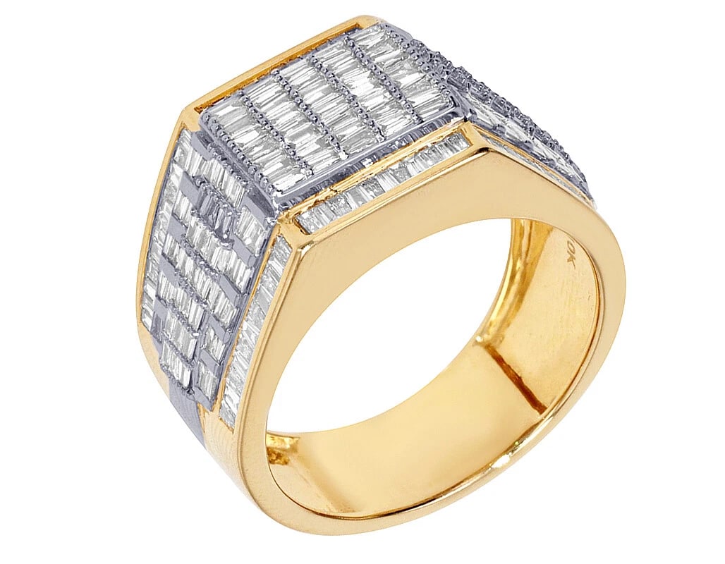 MULTI ROW BAGUETTES DIAMOND BAND RING: Multi Row Baguettes Diamond Band Ring Brand: None Type: Ring Material: 10k Yellow-White Gold, Main Stone/Creation Natural Color: Yellow-White Gold Size: 10 US Accessories: None Accessories