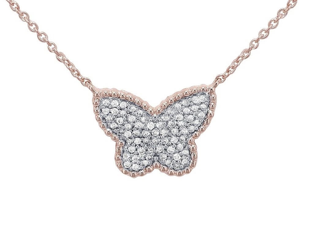 BUTTERFLY DIAMOND PENDANT 10K ROSE-WHITE GOLD: Butterfly Diamond Pendant 10K Rose-White Gold Brand: None Type: Pendant Material: 10K Rose-White Gold, Main Stone/Creation Natural Color: Multi-Tone Size: Dimension 0.5" Accessories: None
