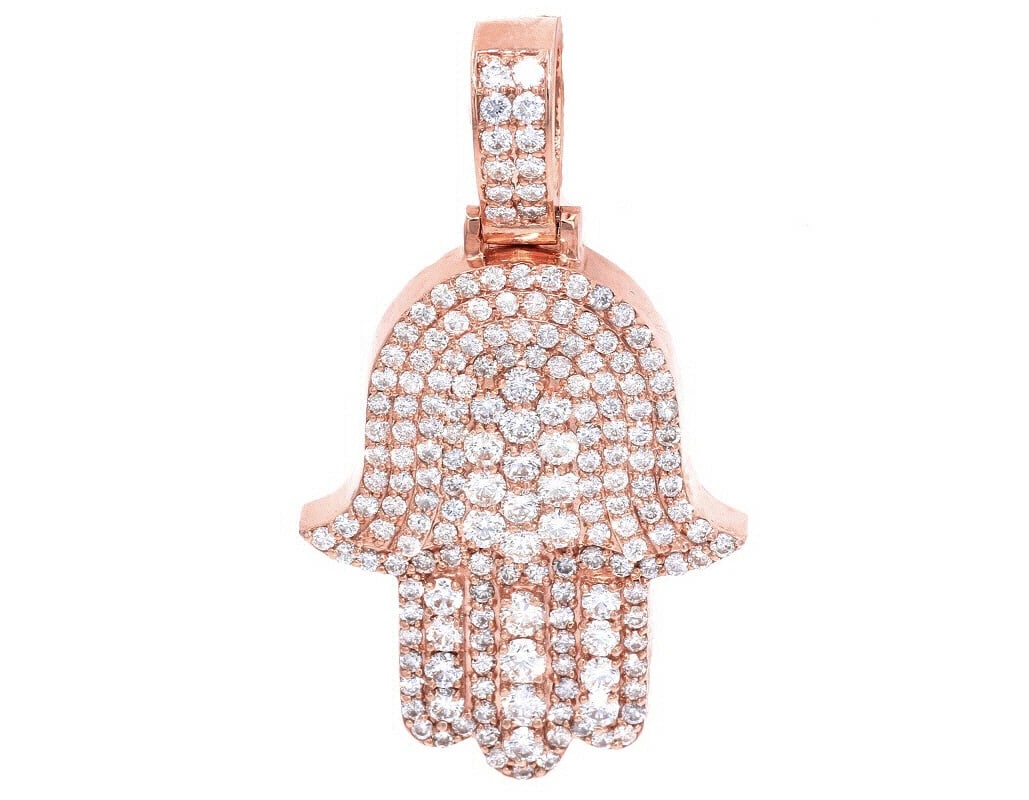 HAMSA DIAMOND 3D PENDANT14K ROSE GOLD: Hamsa Diamond 3D Pendant14K Rose Gold Brand: None Type: Pendant Material: 14K Rose Gold, Main Stone/Creation Natural Color: Rose Gold Size: Dimension L 2" W 23mm H 7mm Accessories: None Ac