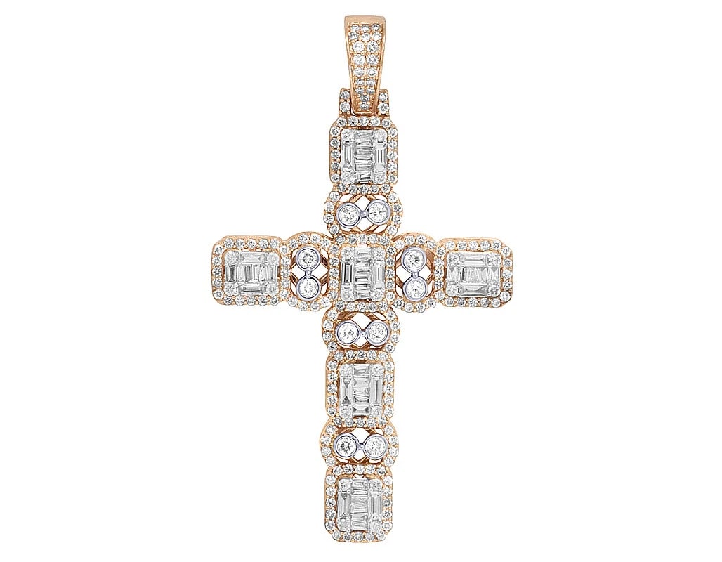 14K ROSE GOLD BAGUETTE HALO BEZEL DIAMOND CHARM PENDANT: 14K Rose Gold Baguette Halo Bezel Diamond Charm Pendant Brand: None Type: Pendant Material: 14K Rose Gold, Main Stone/Creation Natural Color: Rose Gold Size: Dimension 2.5" Accessories: None <