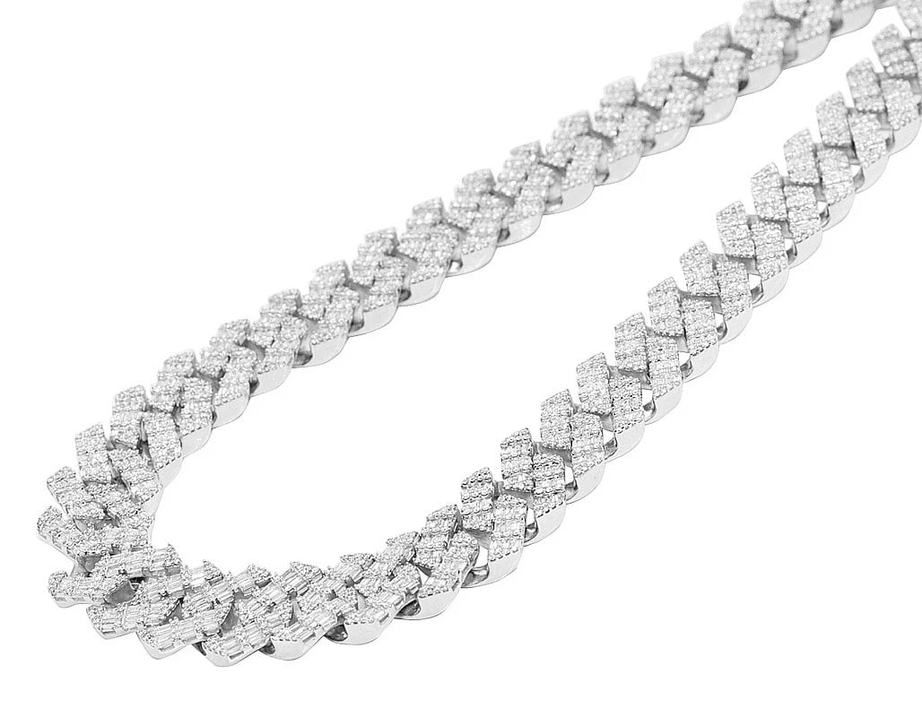10K WHITE GOLD BAGUETTE DIAMOND CUBAN CHAIN NECKLACE: 10K White Gold Baguette Diamond Cuban Chain Necklace Brand: None Type: Necklace Material: 10K White Gold, Main Stone/Creation Natural Color: White Gold Size: Length 32" Width 18MM Accessories: Non